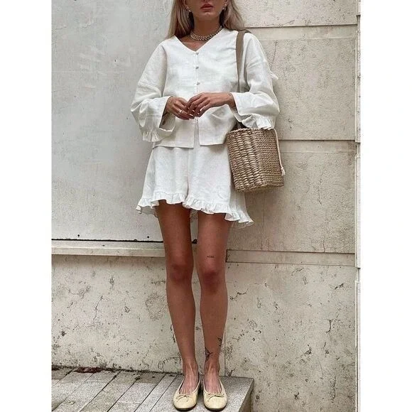 Commense Pure Cotton Ruffle Decor Shorts Set off white size M - Picture 2 of 5